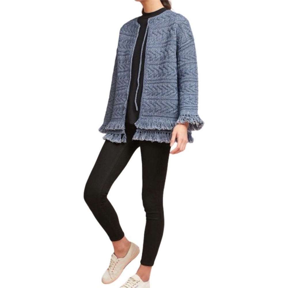 CURRENT/ELLIOTT Size 0 XS Cardigan Blue Fringe Cable Knit Tie Front Sweater